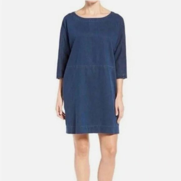 Eileen Fisher Tencel Organic Cotton Denim Dress blue chambray relaxed fit boho - Picture 1 of 8